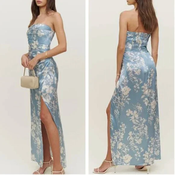 NWT Reformation Barrow Silk Maxi Dress Sz6 Aliso Blue White Floral Cocktail - Picture 2 of 10